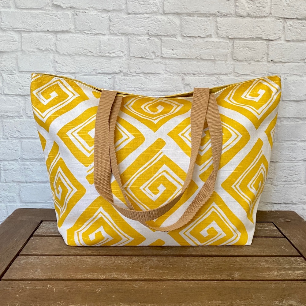 Handmade Foldable Travel/Market Tote - Yellow and White Geometric